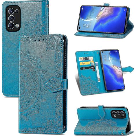 Coque Oppo Find X3 Lite Portefeuille Cuir Véritable Rabat Magnétique Antichoc Protection Gravure Mandala Bleue (1/5)