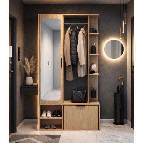 AX LIVING Garderobe Nemrut Holzoptik mit Spiegel – Flurmöbel mit Stauraum