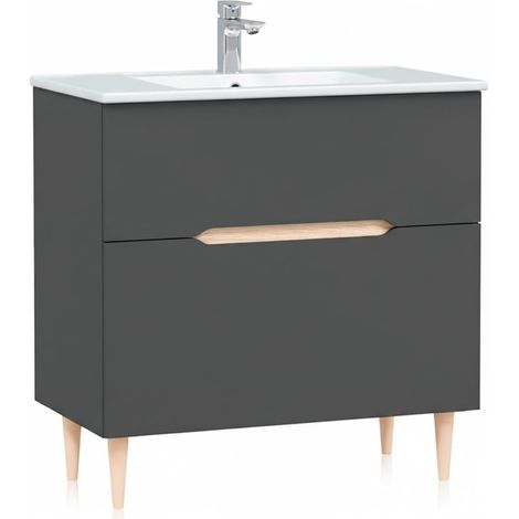 Mobile Bagno A Terra Con Lavabo In Ceramica E Specchio Inclusi 1 Cassetto Soft Close E 1 Anta A Vasistas Design Moderno Salvaspazio 80 x 45 x 80 Cm Colore Grigio Antracite E Rovere