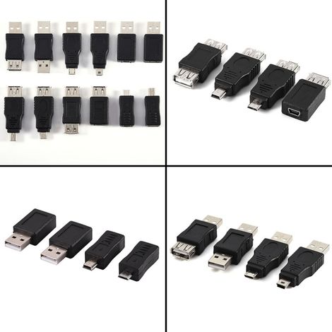 Paquete de 12 adaptadores multipuerto USB 2.0, con enchufes y tomas micro/mini. (1/5)