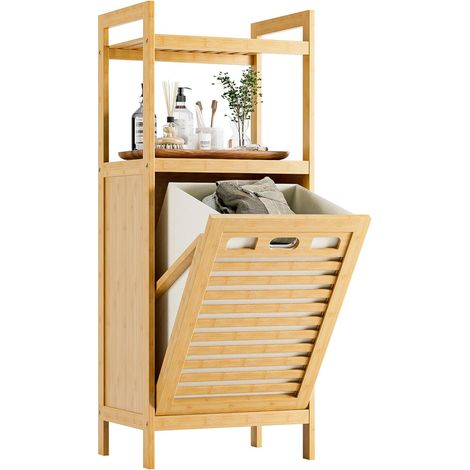 Meuble Salle de Bain avec Panier à Linge, Armoire Bas Salle de Bain en Bambou avec 2 étagères Ouvertes, 40L Sac Intérieur Amovible pour Buanderie, Toilette et Chambre à Coucher, Naturel (1/5)
