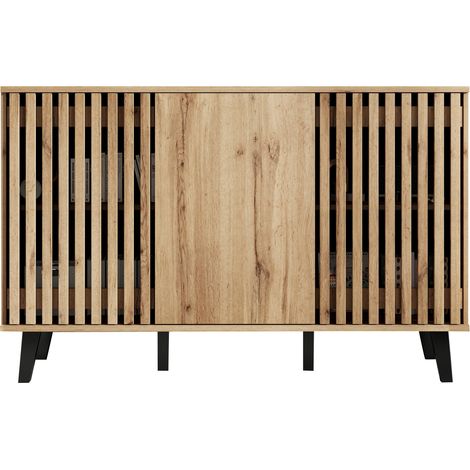 Kommode 150 x 40 x 95 cm aus Spanplatte, 3 Türen und 6 Fächer, naturfarben mit schwarzen Beinen (1/5)