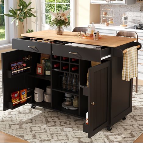 Îlot de cuisine 102/45/92 cm noir avec roulettes, rangements modulables et porte-bouteilles (1/5)