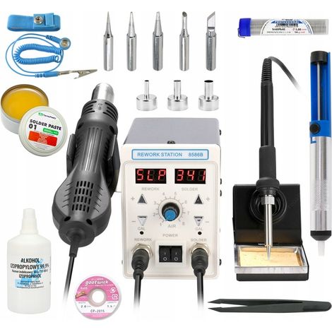 ESTACIÓN DE SOLDADURA DE AIRE CALIENTE + SOLDADOR DE PRECISIÓN 8586B 760W + KIT DE ACCESORIOS