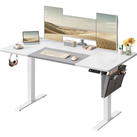 Bureau assis debout électrique table réglable en hauteur mémoire 4 hauteurs pochette cadre en acier dessus de table épais 140 x 60 x (72-120) cm blanc