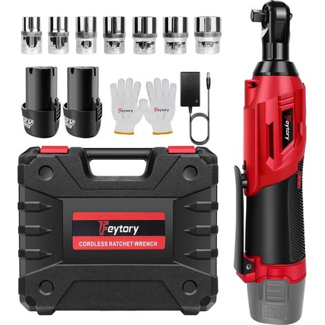 Clé à Cliquet électrique Sans Fil 3/8",40N.m Cliquet Electrique, avec 2 Batteries de 1500 mAh,7 Douilles,rouge
