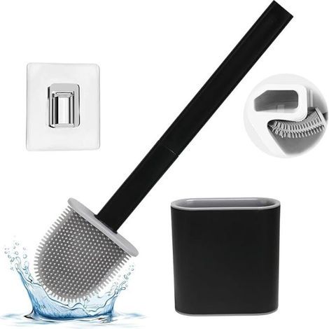 Toilet Brush, Silicone Toilet Brush with Holder for Deep Cleaning, Floor or Wall Mounted, Black (1/5)