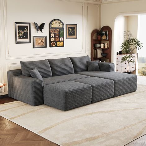 Divano letto compresso, non richiede montaggio, 3 posti in velluto a coste grigio, chaise longue dritta, con 2 pouf, schiuma 35D, 241x151x58 cm (1/5)