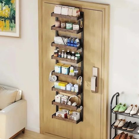 Étagère à épices sur porte 2-en-1 – 8 niveaux réglables – Rangement suspendu en métal pour cuisine, placard, garde-manger – Installation murale ou sur porte – Couleur bois naturel