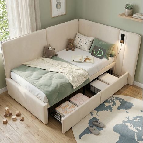 Bett Tagesbett modern aus Samt Beige 90x200 cm mit gepolstertem Kopfteil, 2 Schubladen, Lattenrost, USB und Leselampe (1/5)