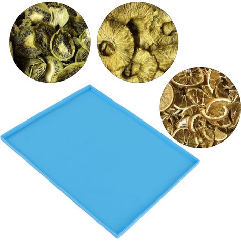 Lot de 4 tapis de déshydratation en silicone de qualité alimentaire, résistants aux hautes températures, antiadhésifs, avec rebord bleu. (1/5)