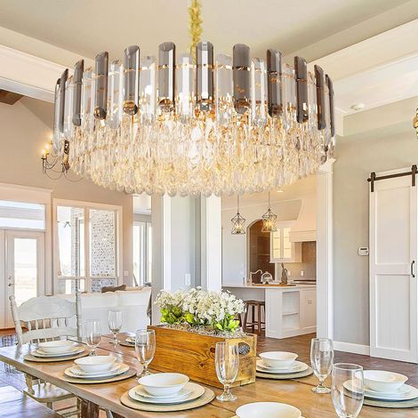 Lustre Salon Cristal Moderne Suspendu - Plafonnier LED Rond 80 cm Luminaire Chandelier pour Salle à Manger Salon - Gris Clair 60x60cm