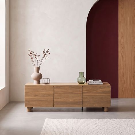 Meuble TV décor bois 3 portes 140cm bois de noisetier - Ayana (1/5)