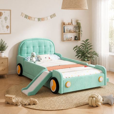 Lit enfant voiture avec toboggan et échelle 90 x 200 cm bleu-vert (1/5)