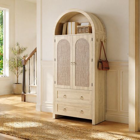 Buffet vitrine cintré en MDF couleur chêne avec portes effet rotin et 2 tiroirs (1/5)