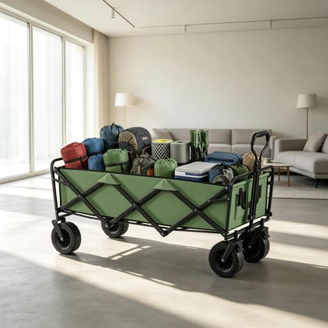 Chariot de jardin pliable 130L 133x56x100 cm en métal vert, roues freinées, pliable – MEUBLIV (1/5)