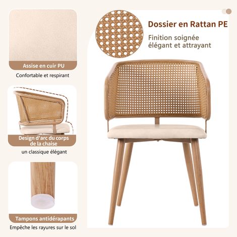 6 chaises de séjour. Chaises de séjour avec dossier en rotin. Assises en cuir synthétique, confortables et respirantes. Style moderne et simple. Conçues pour les restaurants, les salons et les cafés. (1/5)