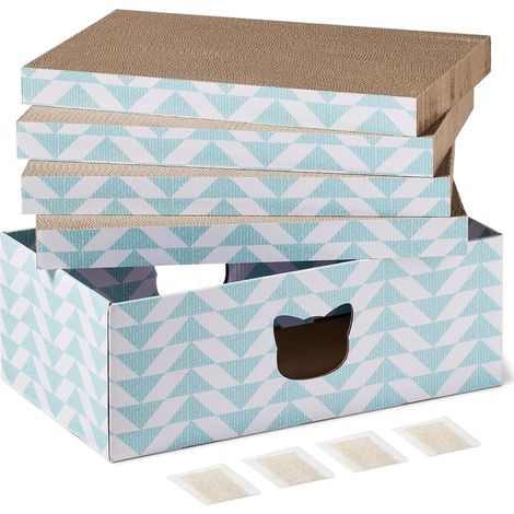 Tapis à Gratter pour Chats d’Intérieur avec Boîte, Griffoirs en Carton Ondulé, Grattoir en Carton avec Motifs Couleur et Herbe à Chat, Certification FSC, Lot de 4, 41,9x 25,4x 3,8cm,Bleu (1/5)