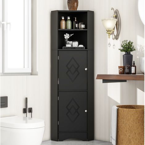 Mobile bagno angolare 36.5x36.5x155 cm nero in pannello truciolare con ripiani aperti e anta decorata (1/5)