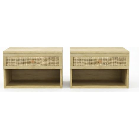 Set de 2 mesillas de noche flotantes de pared en aglomerado color natural (1/4)