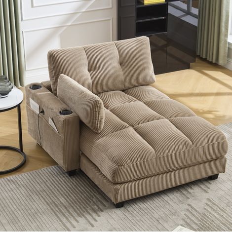 Poltrona lounge moderna, braccioli intercambiabili, 3 portabicchieri, tasca laterale, velluto a coste kaki (1/5)