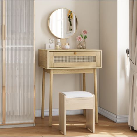 Coiffeuse avec miroir rond, tiroirs de rangement, bureau compact pour chambre, bohème, bois chêne (1/5)
