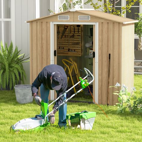 Abri de Jardin 2.3㎡ en Acier Galvanisé Anti-UV 196x142x186cm Cabane de Jardin Exterieur 3.7m³ avec Porte Coulissante Rampe Naturel (1/5)