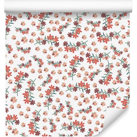 Carta da parati con piccoli fiori bianchi, grigio chiaro e corallo 50x1000 cm (1/5)