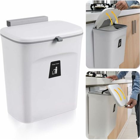 Poubelle de cuisine suspendue avec couvercle, 9 L, blanche – DELKEVIC