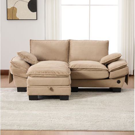 Divano 2 posti con pouf 190x132x84 cm kaki in velluto a coste con USB-C, tasche laterali e contenitore (1/5)