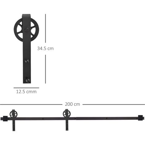 Kit de rails pour portes coulissantes de 200 cm, pour portes murales, épaisseur 34-40 mm, kit d'accessoires complet pour portes coulissantes à un vantail, acier noir. (1/5)