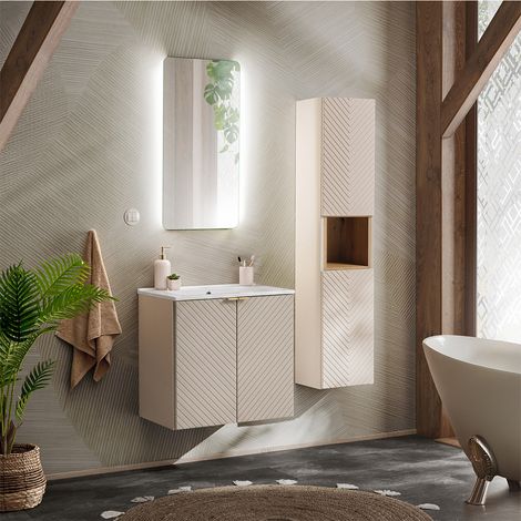 Conjunto mueble lavabo individual encastrado 60cm 2 puertas y columna Manoa Cachemira y Madera (1/4)