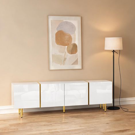 Meuble TV 170 cm blanc laqué avec 4 portes 170 x 35 x 46 cm (1/5)