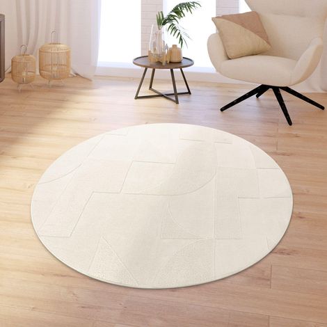 1 Tapis Rond 120 cm Crème, Poils 16 mm Polyester, Lavable 30 Degrés, Salon Chambre (1/4)