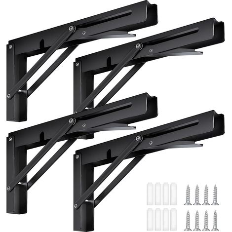 4 Pièces Support d'Étagères Pliable, Équerre Pliante Support Console Pliants, Murale Supports Pliante en Métal, Pour Table Etagere Murale Garage Cuisine Chambre Bureau (Noir, 300mm) (1/5)