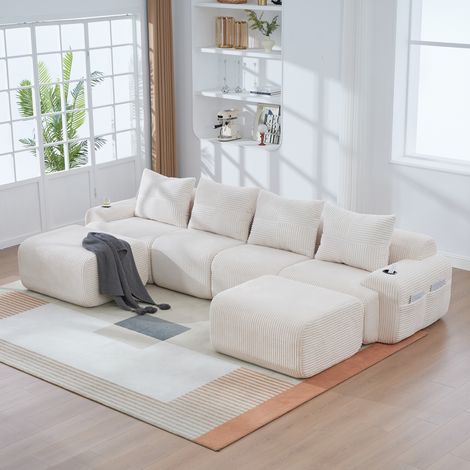 Canapé modulaire en velours côtelé 4 places avec 2 poufs, combinable librement, avec porte-gobelets et poche latérale de rangement, idéal pour salon et salle familiale, beige (1/5)