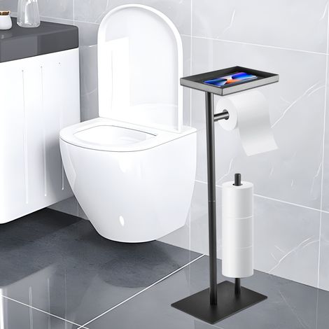 Supernic Toilet Roll Holder Free Standing,Black Toilet Paper Holder Stand with Top Storage Shelf, Floor Toilet Roll Dispenser Storages 4 Reserve Rolls (1/5)