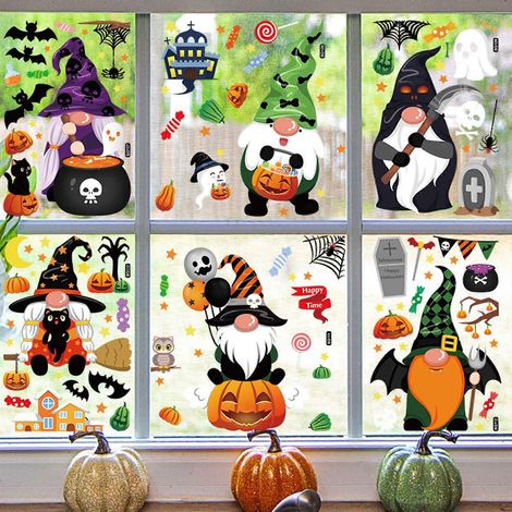Sticker mural Halloween Gnome, Araignée, Chauve-souris, Citrouille, Papier peint artistique pour décoration de porte, fenêtre et mur, cadeau (1/4)