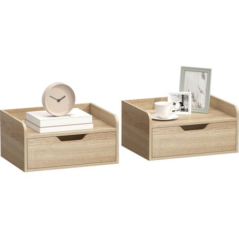 Set aus 2 wandmontierten Nachttischen mit Schublade und erhöhter Tischplatte, 40 x 30 x 19,5 cm, Naturholz