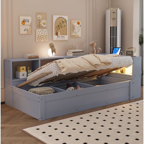 Bett 90x200 cm multifunktional mit hydraulischem Stauraum, LED und Steckdose, MDF/Kiefer grau (1/5)