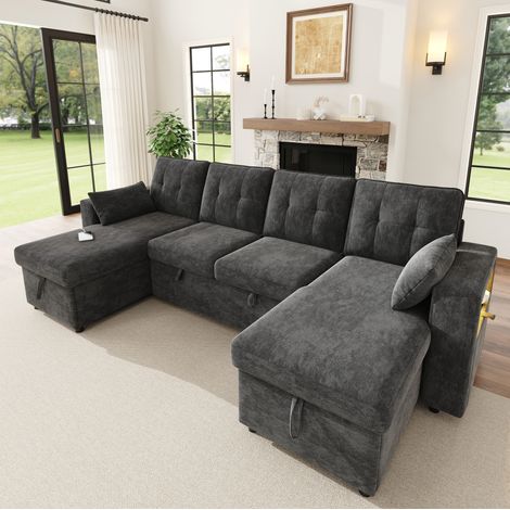 Canapé d’angle U convertible 273x131x83 cm en chenille gris, rangement pour salon – MEUBLIV (1/5)