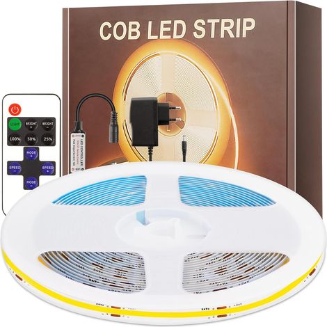 Ruban LED COB 2700K, 6M DC24V Bande LED Blanc Chaud avec Alimentation et RF Télécommande, 320LEDs/M, Largeur 8mm, Bande Lumineuse COB Dimmable pour Chambre, Décoration de la Maison (1/5)