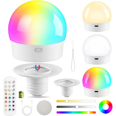 Ampoule rechargeable avec base magnétique amovible, batterie E27 2000 mAh avec télécommande, 12 couleurs RVB + 3 températures de couleur pour camping, fête de jardin, décoration d'intérieur (1-1 Pièce (1/5)