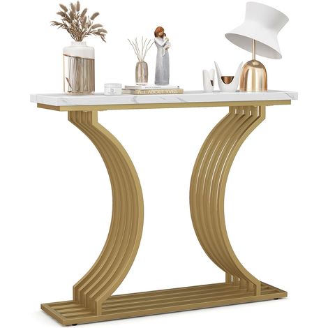 COSTWAY Tavolo Consolle in Oro, Tavolo d'Ingresso Moderna con Piano in Finto Marmo Bianco, Tavolo Stretto per Divano con Gambe Metalliche Geometriche per Soggiorno, Ingresso e Corridoio (1/5)