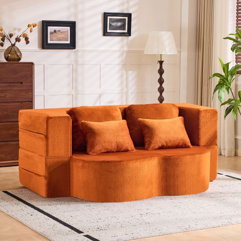 Canapé convertible,Canape 2 places,avec 4 coussins décoratifs,pour Le Salon,et revêtu de flanelle,doté d'un matelas pliable en mousse haute densité,Aucun assemblage requis,Orange (1/5)