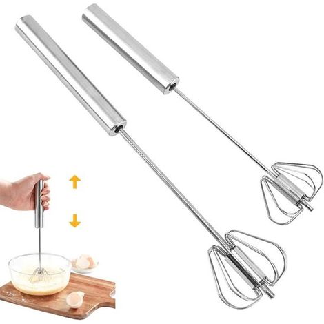 EGoods - Frusta manuale multifunzionale in acciaio inox per utensili da cucina - Frusta per latte - Frusta rotante - Tipo a pressione - 2 pezzi (1/5)