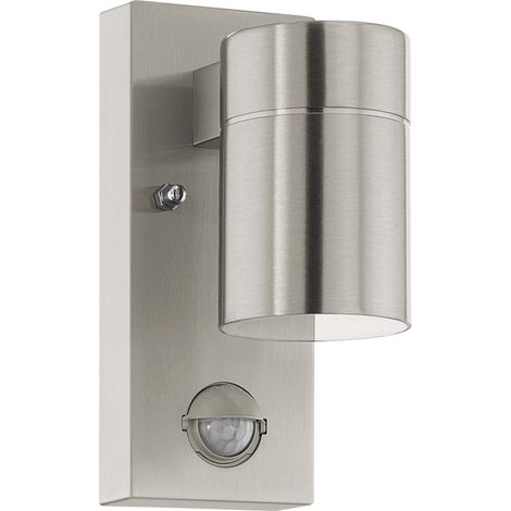 EGLO LED lámpara de pared de exterior Riga 5, lámpara de exterior con detector de movimiento, sensor crepuscular, acero inoxidable, cristal transparente, blanco cálido, GU10, IP44 (1/2)
