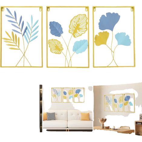 Adornos de pared, hierro, 30 cm x 43 cm x 0,1 cm, 3 piezas, diseño de hoja de ginkgo, acabado dorado. (1/5)