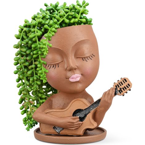 Maceta decorativa con rostro humano, jarrón ornamental de resina, Guitarron Mini (marrón oscuro) (1/5)