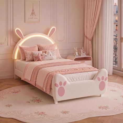 Cama infantil 90 x 200 cm, cabecero con forma de conejo e iluminación LED RGB, tapizada en terciopelo suave con somier de lamas, Blanco y rosa (1/5)